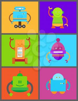Robots and frames collection, robots of different types with hands, wheels and faces, smiles and emotions vector illustration isolated on multicolor