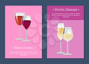 Red and white wine in four goblets with lot of reflections, color banner, vector illustration with tasty beverage, white text sample, isolated on pink