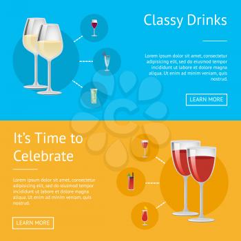 Classy drinks and it s time to celebrate poster, vector illustration with white text sample and push buttons, varied alcohol beverage icons in circles