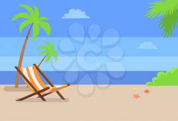 Recliner under tall palms at empty sandy beach. Tropical beach of hot country with recliner and deep blue sea on horizon cartoon vector illustration.