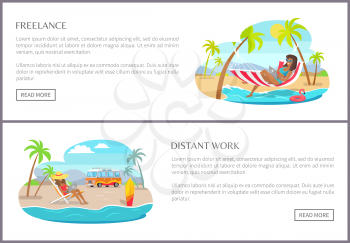 Freelance and distant work pages, websites with buttons and text sample freelance and distant work, women and laptops, isolated on vector illustration