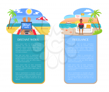 Freelance at seaside distant work, person working at beach, freelance and distant work, stripes with text sample and headlines vector illustration