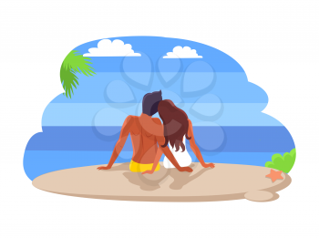 Couple sitting by seaside, summer and seaside, calm relaxation and cuddles, palm leaves and clouds, starfish on sand isolated on vector illustration