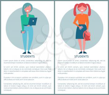 Student girls set of posters with schoolgirls in cartoon style, smartphone and handbag, notebook for studying vector illustrations with text sample