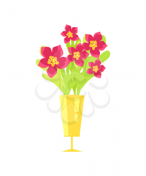 Beautiful flowers with pink petal and yellow center in shining golden vase. Vector illustration with bouquet icon isolated on white background