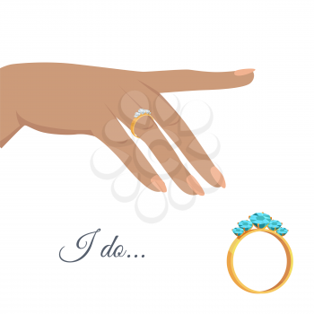 Womans wrist with golden ring decorated diamonds on annulary finger isolated flat vector. Marriage proposal or engagement concept with wedding ring