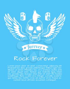 Rock forever poster with big flying on wings skull with iroquois haircut surrounded by loud speakers. Vector illustration of skeleton head on blue background