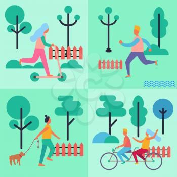 People spending their leisure time set of isolated vector illustrations on light green. Males and females engaging in various recreational activities