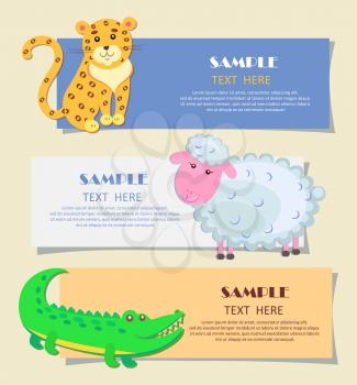 Three horizontal cards with cheerful animals teaching image with sample text. Spotty yellow jaguar, curly white lamb and green crocodile. Vector illustration of kindergarten training for children.