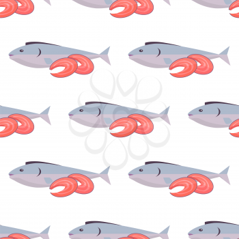 Fish and shrimps seamless pattern on white background. Endless texture with sea products, marine delicatesse food, wallpaper design
