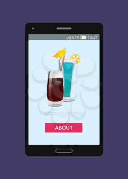 Cocktails whiskey cola and blue lagoon on mobile phone in application, with icons of alcoholic drinks, information button vector illustration on blue