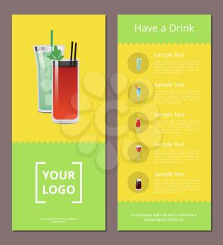 Have a drink advertisement poster design with alcohol drinks with straws, bloody mary, menu list of beverages with place for your logo design