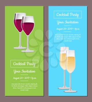 Cocktail party your invitation poster template with information about time and date of holiday, vector illustration isolated on blue and green