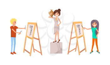 Boy and girl drawing still life picture of woman with vase on easel by pains vector illustration isolated on white. Girl creating sketch with female posing