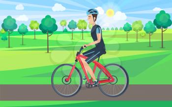 Man on red bicycle view from left vector illustration. Riding cyclist wearing blue helmet on sunny day in countryside filled with lush trees