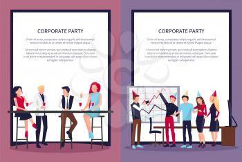 Corporate party posters set with text sample, people in office celebrating success of company together vector illustrations in frame on white