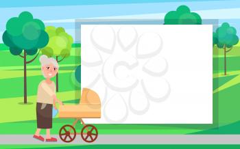 Grandmother walking with newborn toddler in pram in urban city park vector illustration with place for text in frame. Two generations grandma and infant