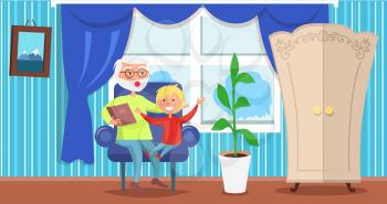 Happy grandparents day poster with senior man reading book to grandson sitting together in armchair in cosy house in front of window with curtains