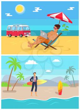 Men with work as freelancers on sandy beaches set. Man in suit with surfboard and guy in trunks with laptop on tropical beach vector illustrations.
