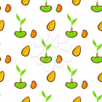Seamless pattern with sprout, organic seed and green plant vector illustration isolated on white background. Endless texture symbolize beginning of new life