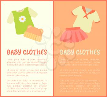 Baby Clothes framed banners, vector illustration with apparel for little girls, baby t-shirts and pink skirt, cute hat with elegant ears, text sample