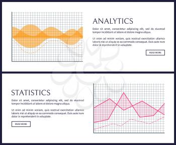 Analytics and statistics graphics Internet info pages. Wave and curve on coordinate systems. Graphics to display numeric data vector illustrations.