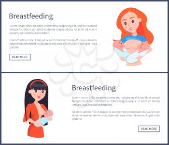 Breastfeeding web posters set with push button read more with two young mothers feeding newborn children by breast vector illustration with text sample