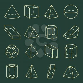 Geometric shapes, collection 3D, banner with shapes, cone and cube, dodecahedron and hexagonal prism, forms set vector illustration, isolated on green