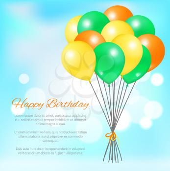 Happy birthday postcard balloons big bundle for party decorations on blurred blue background, balloon of orange yellow green color in inflatable bunch