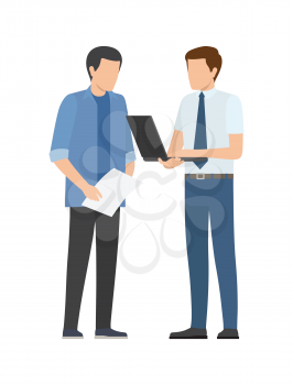 Two men discussing business plan, two businessmen speaking about startup project isolated on white background. Management and teamwork concept vector