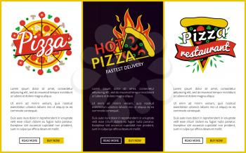 Pizza and hot pizza delivery, collection od pages with buttons, text and titles, logos and labels, vector illustration isolated on black and white