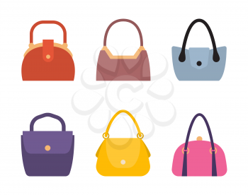 Spring summer collection of women bags stylish accessories for females vector illustration isolated. Leather handbags, bags with handles and locks