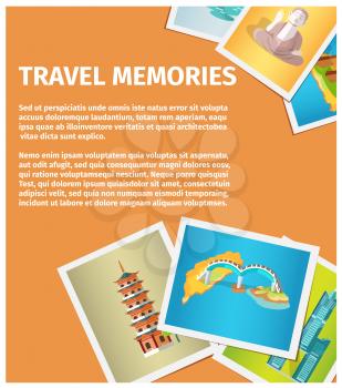 Travel memories web banner. Scattered photos with famous asian attractions flat vector. Travel agency vertical flyer or banner with sample text