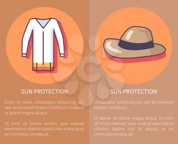 Sun protection set of posters with inscriptions. Vector illustration of icons depicting various items of clothing against light brown background