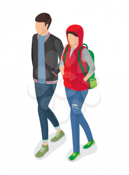 Woman in red sleeveless jacket, green shoes and backpack and man in black short coat vector illustrations. Student or college girl and boy cartoon characters