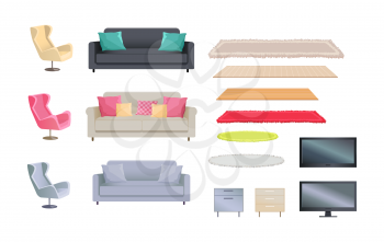 Interior collection of sofas with cushions and fluffy carpets TV sets and armchairs, chest of drawers vector illustration isolated on white background