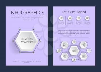 Let s get started infographics vector illustration with black frames and text sample various white hexagonal icons wallet and gold, device and balance