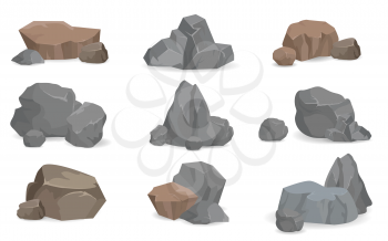 Set of stones and rocks for game design, set of gems, various grey and brown stones isolated on white background vector illustration collection of rocks