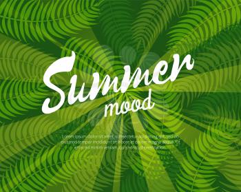 Summer mood colorful banner, vector illustration isolated on green backdrop, sun rays set and palm s leaves ornament, white text sample, summer time