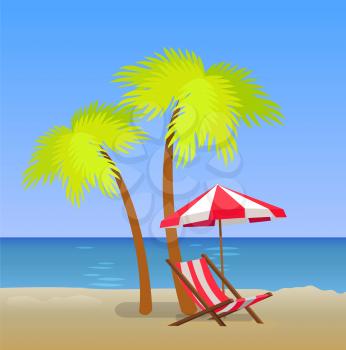 Tropical beach with chaise lounge under pam trees, striped umbrella and sunbed on coastline, vector illustration of summer time landscape, sea and sand