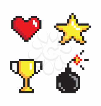 Four pixel icons collection, vector illustration, cute heart, glowing pixel star and cup, bomb with firing wick, set of reflections on colorful pixel icons