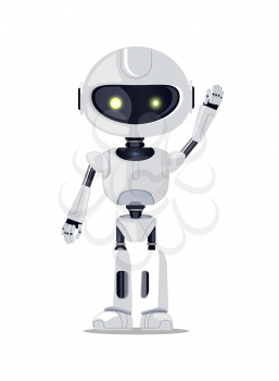 Beautiful light cyborg with yellow glossy eyes banner vector illustration with pretty white robot stands with raised hand isolated on white background