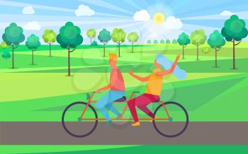 Boy and girl riding tandem bicycle vector illustration. Cartoon young blond male and female with light blue hair on double bike in countryside