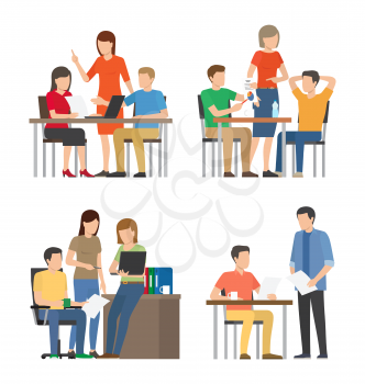 Productive teamwork on fresh startups set. People work at table with modern devices on new project. Business startup creative vector illustrations.