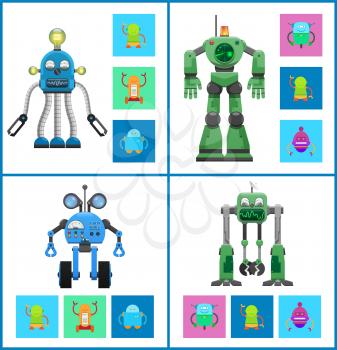 Modern robots with light indicators and detectors panel. Powerful wireless robots with lot of functions isolated cartoon vector illustrations set.
