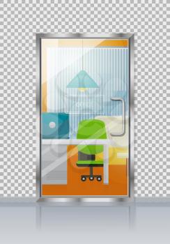 Office workplace through glossy glass door view flat vector. Entrance to the cabinet with table, computer and armchair. Modern office interior with transparent wall illustration for business concepts
