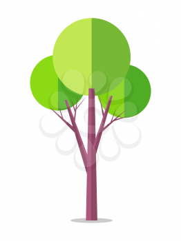 Flat tree icon isolated on white. Vector illustration of high brown trunk, thin branches and lush light green leaves in form of circle
