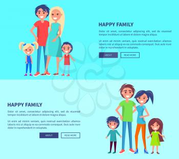 Happy family set of web posters with pregnant mother, smiling father, two children boy and girl vector illustration in flat style isolated