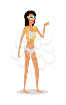 Smiling young girl in swimsuit with necklace of flowers isolated on white. Female character in bikini and sunglasses. Leisure on sunny seaside. Sunbathing and relaxing. Vector in flat style