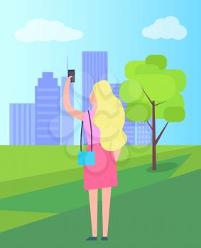 Blonde woman dressed in pink skirt and sleeveless shirt taking selfie in city park with high rise buildings looming in background vector illustration.